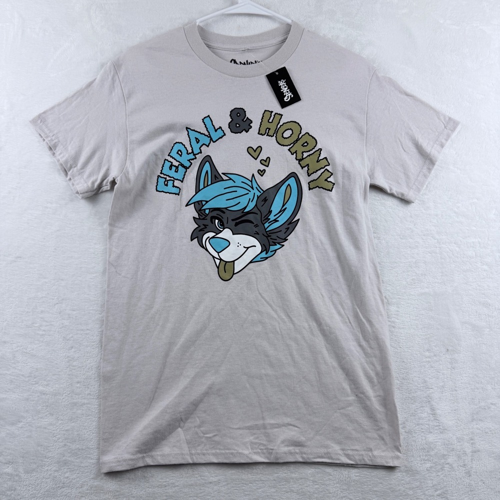 Spencer's T-Shirt Feral & Horny Furry Graphic Wolf Gray Size S